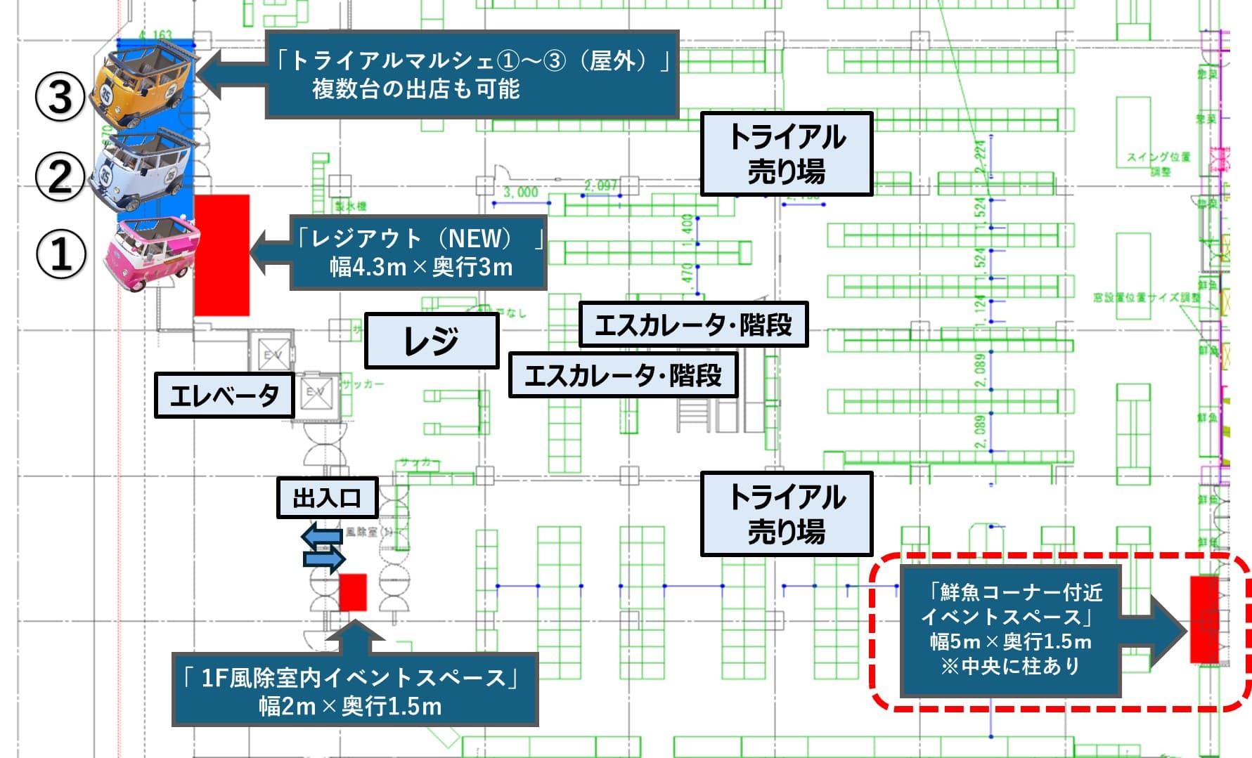 NEW!食物販や飲食、キッチンカー・テント販売等に利用可能な「②トライアルマルシェ」の図面・フロアマップ