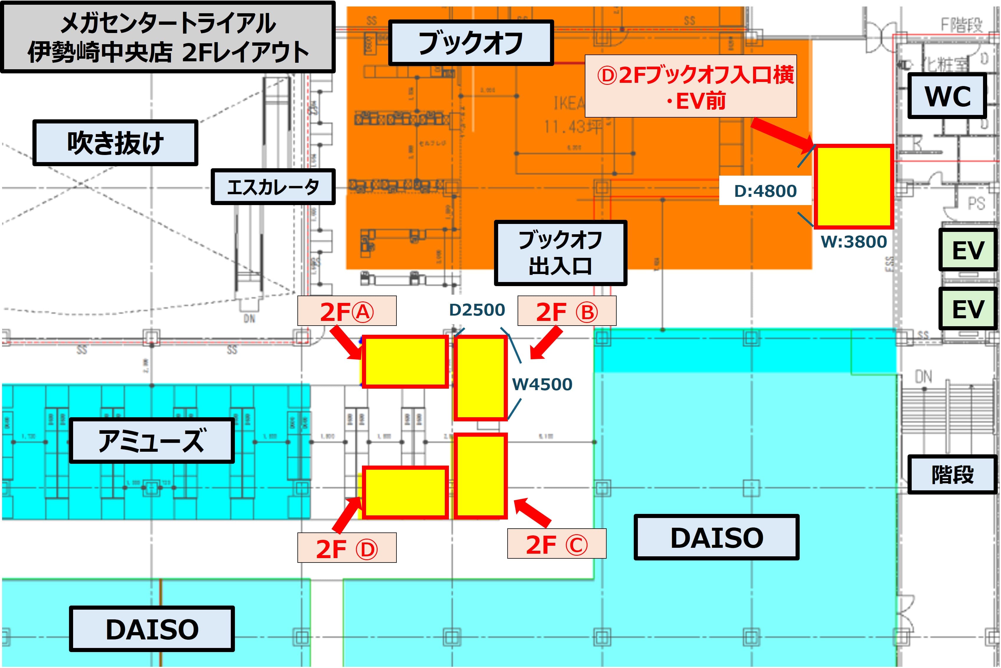 NEW!食物販やPR活動に最適な「Ⓑ 2F東側 ブックオフ前」の図面・フロアマップ